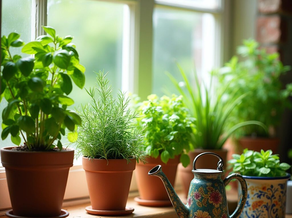 "Sunny kitchen windowsill herb garden with basil, rosemary, parsley, and mint in terracotta pots, alongside decorative watering can and pruning scissors - perfect for fresh cooking herbs at home."