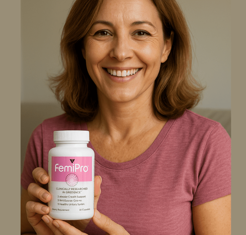 A smiling middle-aged woman wearing a pink shirt holding a bottle of FemiPro dietary supplement, promoting bladder control and urinary health.
