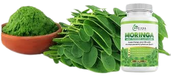 Picture of fresh moringa leaves, green moringa powder in a clay bowl and a moringa-based capsule supplement.