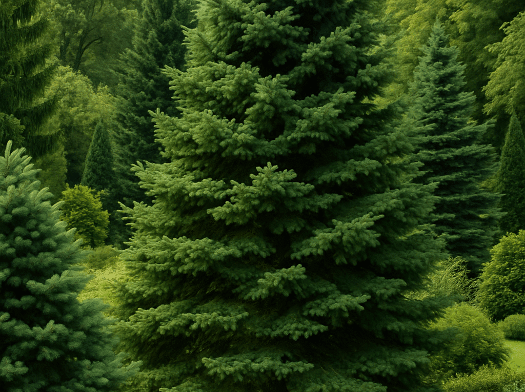 A garden with an evergreen tree and green foliage in a natural setting, symbolizing sustainability and ecological balance.