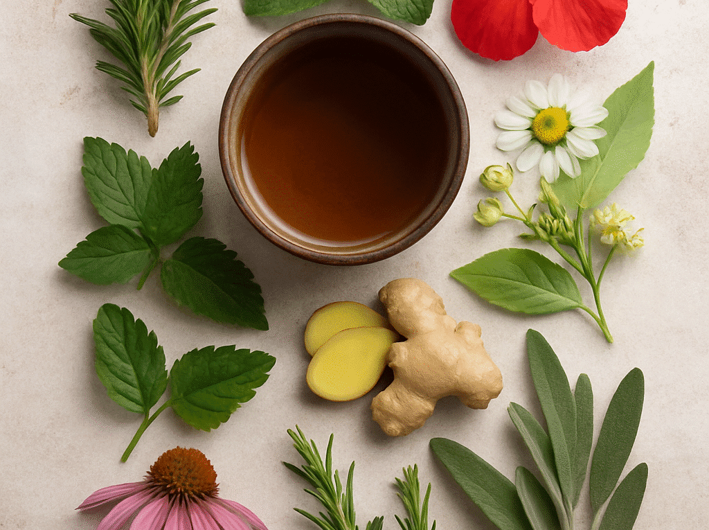 A realistic photo of assorted medicinal herbs including rosemary, lavender, chamomile, hibiscus, and ginger surrounding a cup of herbal tea on a rustic white surface.