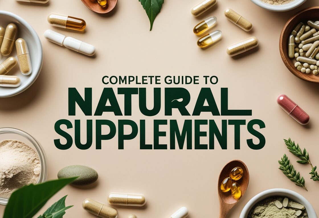 "High-quality image of various natural supplements, including capsules, powders, and oils, arranged neatly with green leaves in the background. The image represents a comprehensive guide to natural supplements, highlighting their benefits for energy, mental health, and overall well-being."