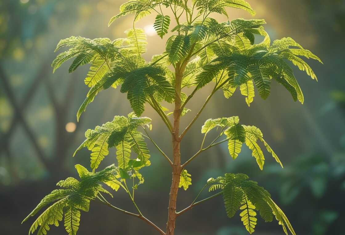 Moringa tree in sunlight with healthy green leaves, representing its health benefits for blood sugar control.